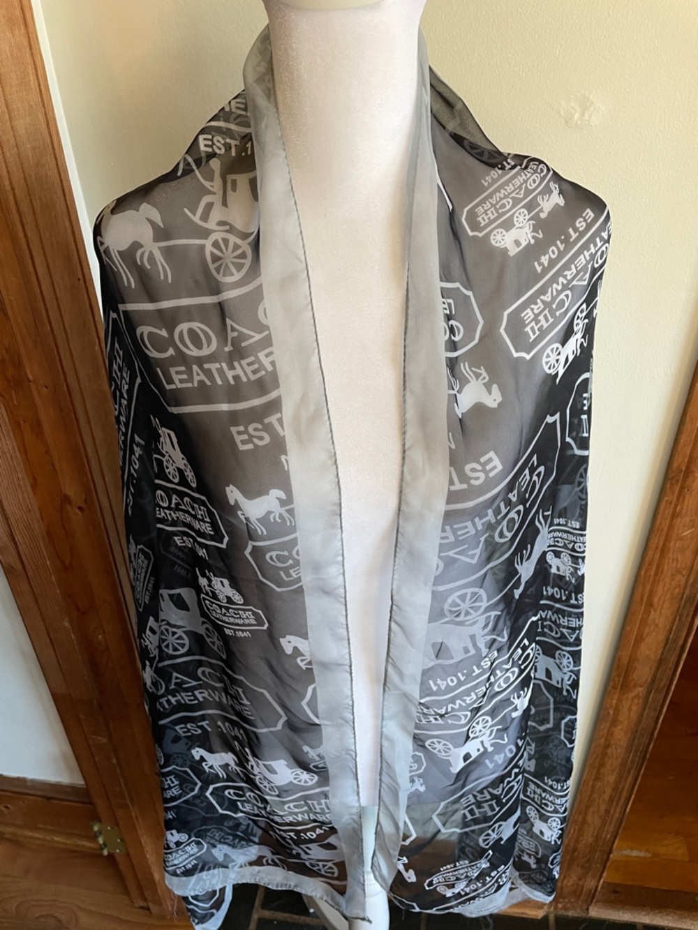 COACH Black and White Logo Horse & Carriage Print Silk Oblong Scarf